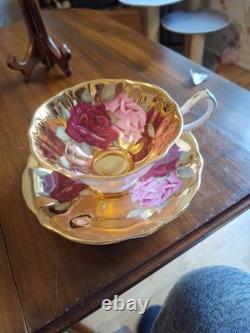 Queen Ann Bone China Pink Roses With Gold Tea Cup And Saucer