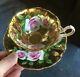Queen Anne Bone China England Cup & Saucer Big Pink Roses With Heavy Gold On Black