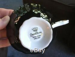 Queen Anne Bone China England Cup & Saucer Big Pink Roses with HEAVY Gold On Black