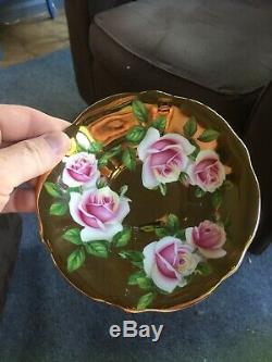 Queen Anne Bone China England Cup & Saucer Big Pink Roses with HEAVY Gold On Black