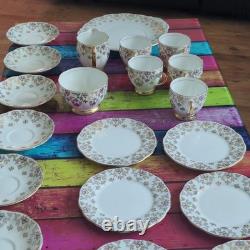 Queen Anne Bone China England Floral Gilt Dinner Set Cups Saucers Plates