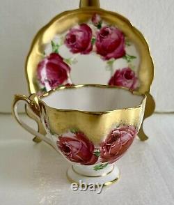 Queen Anne England Tea Cup & Saucer Large Pink Cabbage Roses Heavy Gold