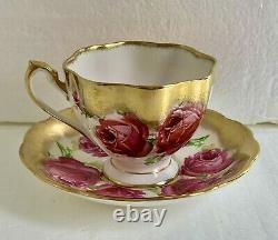 Queen Anne England Tea Cup & Saucer Large Pink Cabbage Roses Heavy Gold