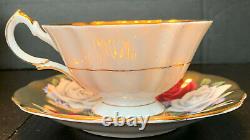 Queen Anne Heavy Gold With Floating Red And White Roses Tea Cup And Saucer Set