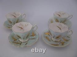 Queen Anne duck egg blue 4 cups and saucers gold gilt wheat sheaf 1950 5492H