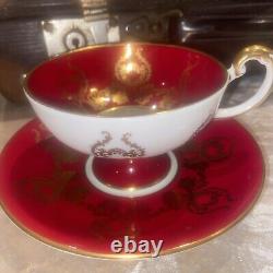 RARE AYNSLEY CABBAGE ROSE CUP AND SAUCER SIGNED J A BAILEY Burgundy Red Gold