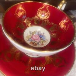 RARE AYNSLEY CABBAGE ROSE CUP AND SAUCER SIGNED J A BAILEY Burgundy Red Gold