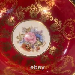 RARE AYNSLEY CABBAGE ROSE CUP AND SAUCER SIGNED J A BAILEY Burgundy Red Gold
