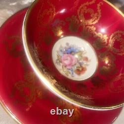 RARE AYNSLEY CABBAGE ROSE CUP AND SAUCER SIGNED J A BAILEY Burgundy Red Gold