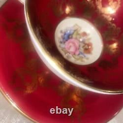 RARE AYNSLEY CABBAGE ROSE CUP AND SAUCER SIGNED J A BAILEY Burgundy Red Gold
