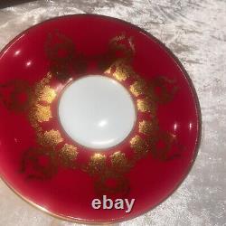 RARE AYNSLEY CABBAGE ROSE CUP AND SAUCER SIGNED J A BAILEY Burgundy Red Gold