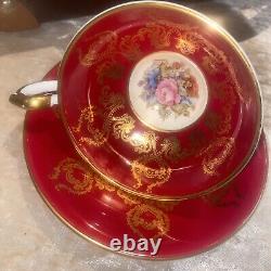 RARE AYNSLEY CABBAGE ROSE CUP AND SAUCER SIGNED J A BAILEY Burgundy Red Gold