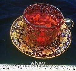 RARE Antique MOSER Cup + Saucer Gilt Gold Enamelled Decorated Cranberry Glass