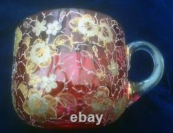 RARE Antique MOSER Cup + Saucer Gilt Gold Enamelled Decorated Cranberry Glass