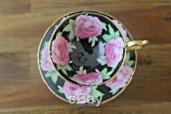 RARE Aynsley Black Cabbage Rose Teacup Tea Cup Saucer Pink Gold Gilded floating