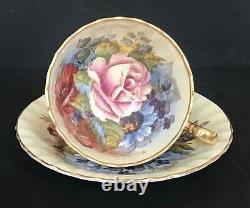 RARE Aynsley J. A. Bailey Cabbage Rose Bouquet Gold Ribbed Teacup Tea Cup saucer