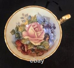 RARE Aynsley J. A. Bailey Cabbage Rose Bouquet Gold Ribbed Teacup Tea Cup saucer