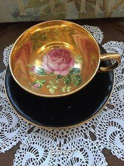 RARE BEAUTIFUL PARAGON Black CABBAGE ROSE GILDED CABINET TEA CUP & SAUCER