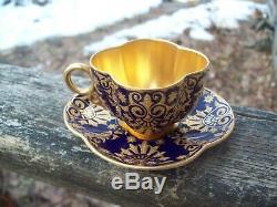 RARE Coalport Demitasse Cup & Saucer England -Cobalt Gold Beaded Embossed Gilt