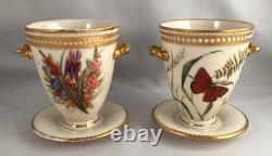 RARE PAIR Royal Worcester Jeweled 2-Handled Cups withSaucers George Hundley c1880