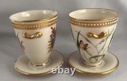 RARE PAIR Royal Worcester Jeweled 2-Handled Cups withSaucers George Hundley c1880