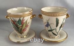 RARE PAIR Royal Worcester Jeweled 2-Handled Cups withSaucers George Hundley c1880