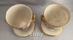 RARE PAIR Royal Worcester Jeweled 2-Handled Cups withSaucers George Hundley c1880