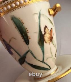 RARE PAIR Royal Worcester Jeweled 2-Handled Cups withSaucers George Hundley c1880