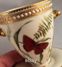RARE PAIR Royal Worcester Jeweled 2-Handled Cups withSaucers George Hundley c1880