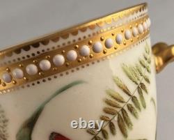 RARE PAIR Royal Worcester Jeweled 2-Handled Cups withSaucers George Hundley c1880