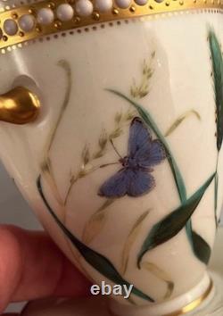 RARE PAIR Royal Worcester Jeweled 2-Handled Cups withSaucers George Hundley c1880