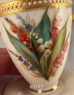 RARE PAIR Royal Worcester Jeweled 2-Handled Cups withSaucers George Hundley c1880