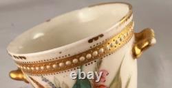 RARE PAIR Royal Worcester Jeweled 2-Handled Cups withSaucers George Hundley c1880