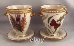 RARE PAIR Royal Worcester Jeweled 2-Handled Cups withSaucers George Hundley c1880