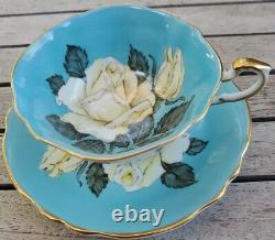 RARE Paragon Cabbage White Rose Turquoise Blue Gold Teacup Tea Cup Saucer A277