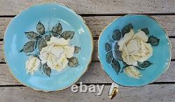 RARE Paragon Cabbage White Rose Turquoise Blue Gold Teacup Tea Cup Saucer A277