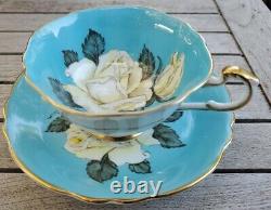 RARE Paragon Cabbage White Rose Turquoise Blue Gold Teacup Tea Cup Saucer A277