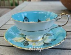 RARE Paragon Cabbage White Rose Turquoise Blue Gold Teacup Tea Cup Saucer A277