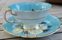 RARE Paragon Cabbage White Rose Turquoise Blue Gold Teacup Tea Cup Saucer A277