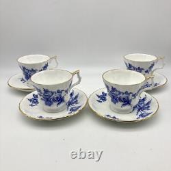 RARE Royal Windsor Tea Cups & Saucers Blue Gold Floral Roses England, SET OF 4