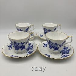 RARE Royal Windsor Tea Cups & Saucers Blue Gold Floral Roses England, SET OF 4