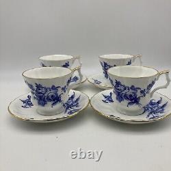 RARE Royal Windsor Tea Cups & Saucers Blue Gold Floral Roses England, SET OF 4