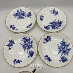 RARE Royal Windsor Tea Cups & Saucers Blue Gold Floral Roses England, SET OF 4