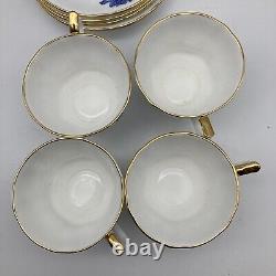 RARE Royal Windsor Tea Cups & Saucers Blue Gold Floral Roses England, SET OF 4