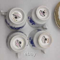 RARE Royal Windsor Tea Cups & Saucers Blue Gold Floral Roses England, SET OF 4
