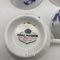 RARE Royal Windsor Tea Cups & Saucers Blue Gold Floral Roses England, SET OF 4