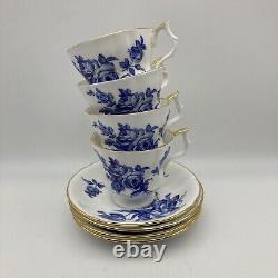 RARE Royal Windsor Tea Cups & Saucers Blue Gold Floral Roses England, SET OF 4