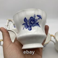 RARE Royal Windsor Tea Cups & Saucers Blue Gold Floral Roses England, SET OF 4
