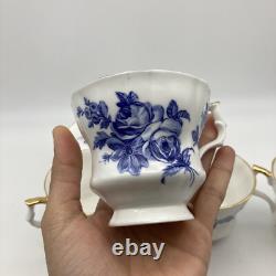 RARE Royal Windsor Tea Cups & Saucers Blue Gold Floral Roses England, SET OF 4