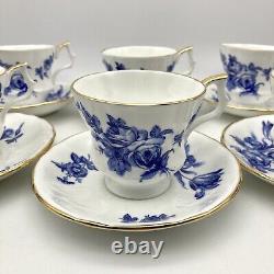 RARE Royal Windsor Tea Cups & Saucers Blue Gold Floral Roses England, SET OF 6